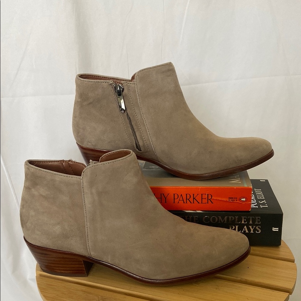 SAM EDELMAN Taupe Suede Ankle Boots with Wooden Heel